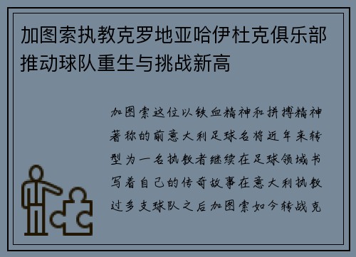 加图索执教克罗地亚哈伊杜克俱乐部推动球队重生与挑战新高 加图索执教克罗地亚哈伊杜克俱乐部推动球队重生与挑战新高